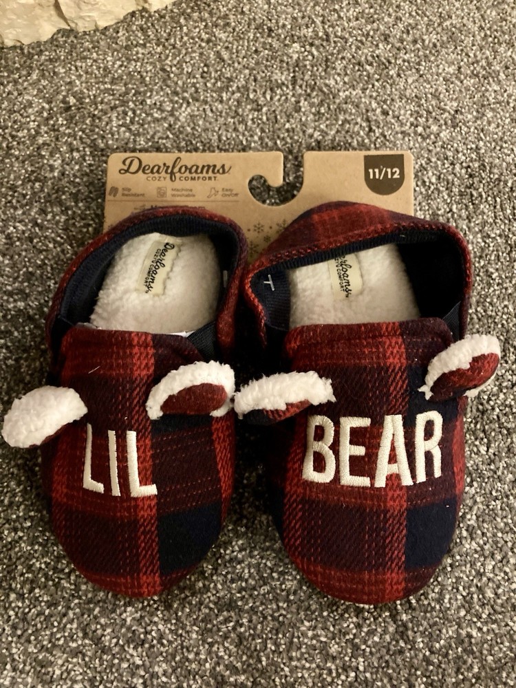 NWT Dearfoams Lil Bear Red Blàck Plaid Slippers Sherpa Boys/Girls 11/12 Holiday