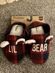 NWT Dearfoams Lil Bear Red Blàck Plaid Slippers Sherpa Boys/Girls 11/12 Holiday