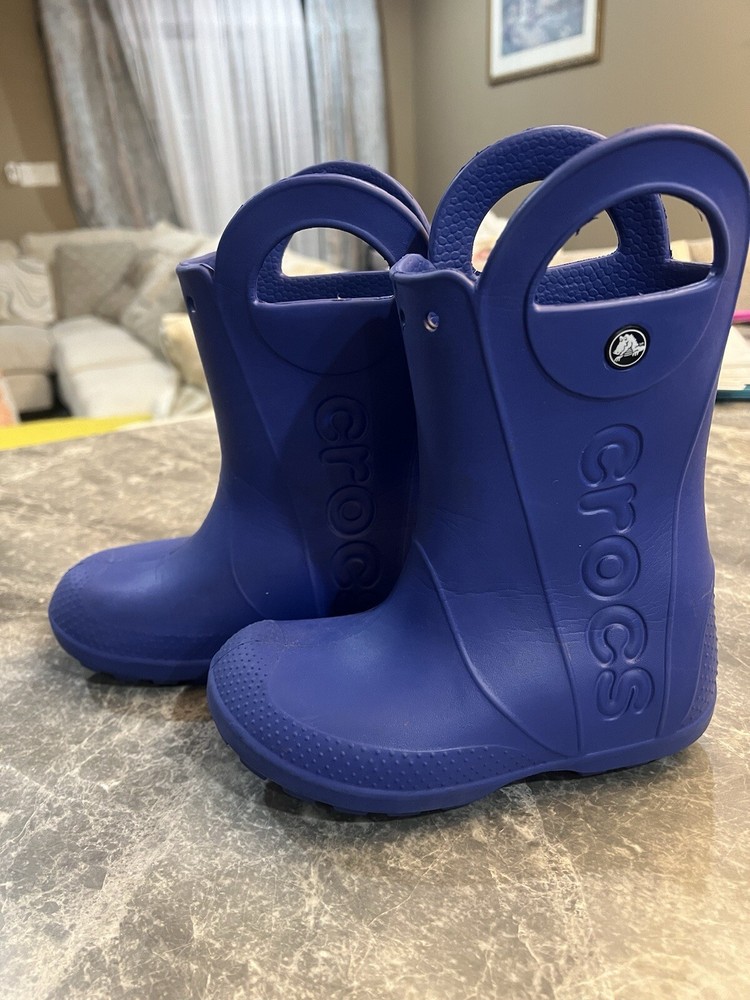 Crocs~Kids C 13 Unisex Boy Girl~Rubber Rain Boots~Blue~Pull On With Handles