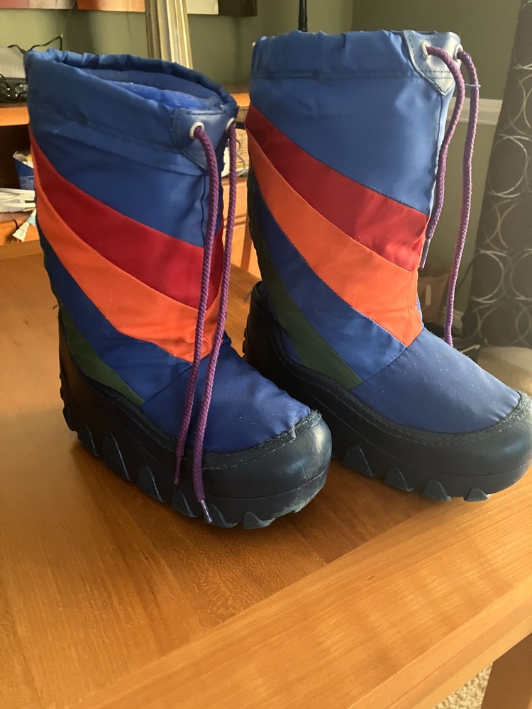 Vintage 1970s Moon Boots Kids Large Retro Snow Boots Blue Multicolor Winter