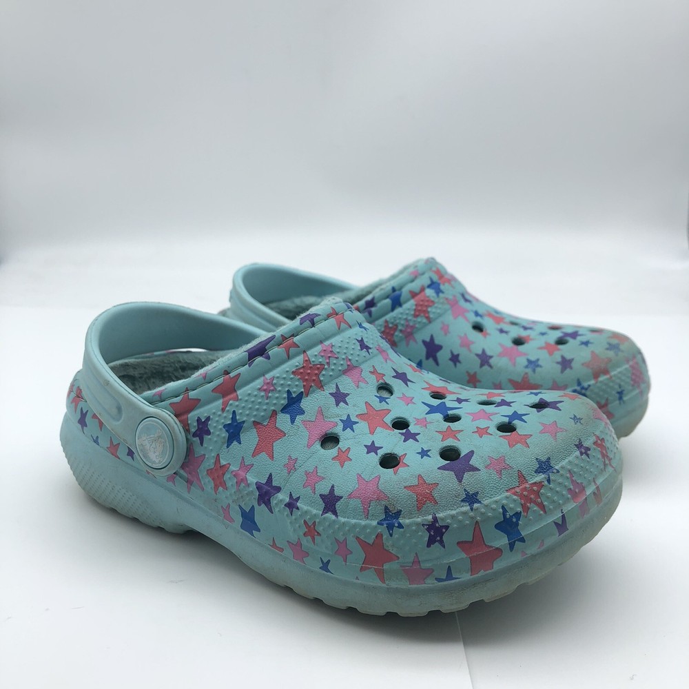 Crocs child sz 11 star classic clogs blue lined slip on