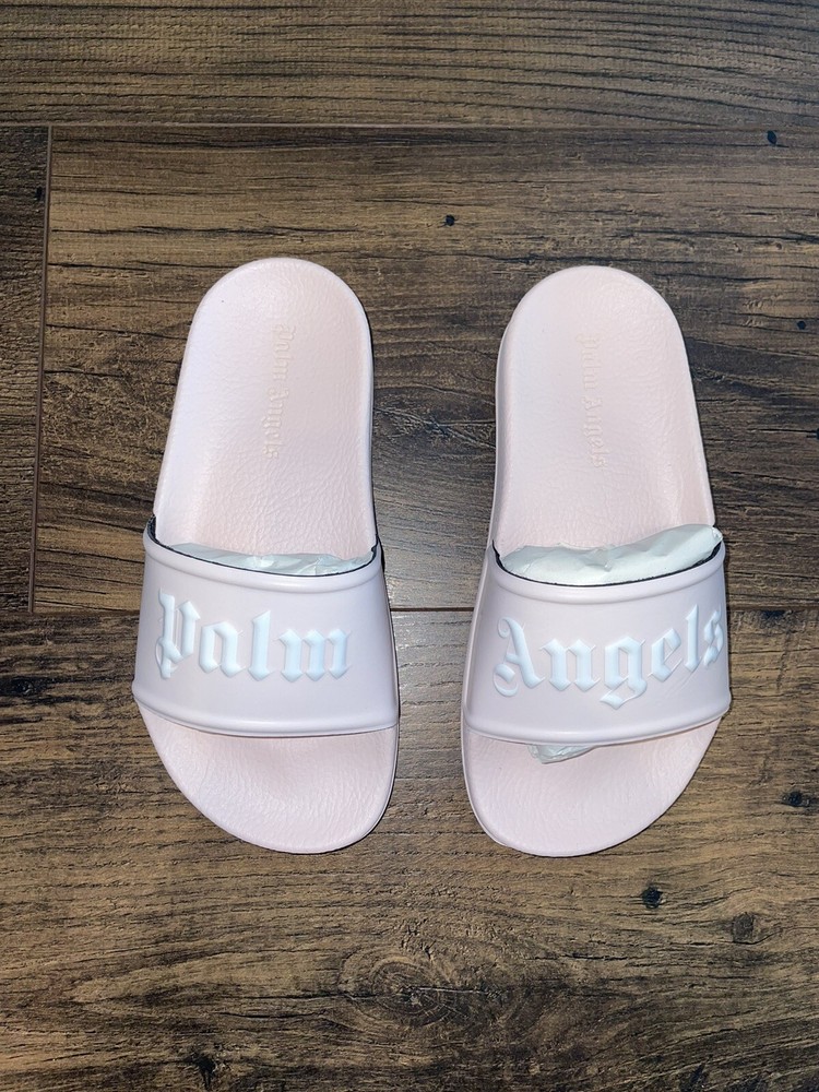 Palm Angels KIDS Pink & White Logo-Print Flat Pool Slides Shoes Size US 13/EU 31