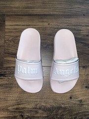 Palm Angels KIDS Pink & White Logo-Print Flat Pool Slides Shoes Size US 13/EU 31