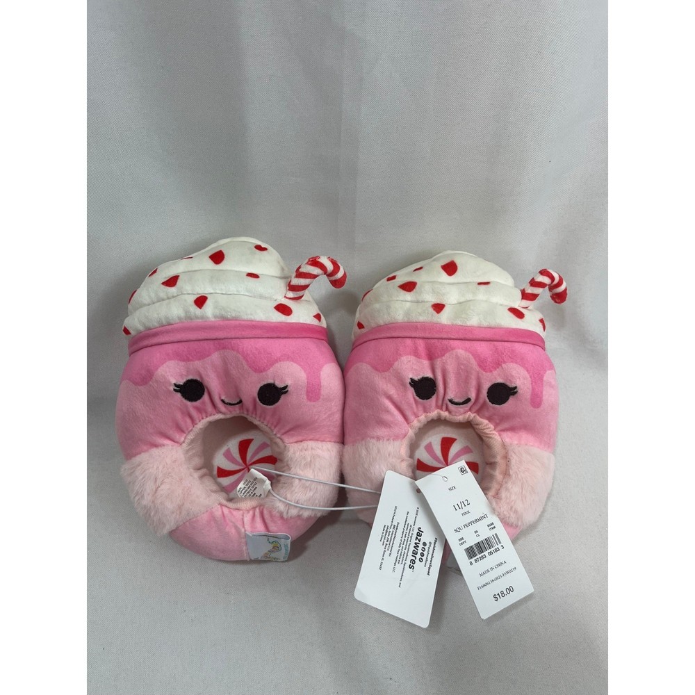 Squishmallows Peppermint Hot Cocoa Pink Plush Slippers Kids Size 11/12 NWT