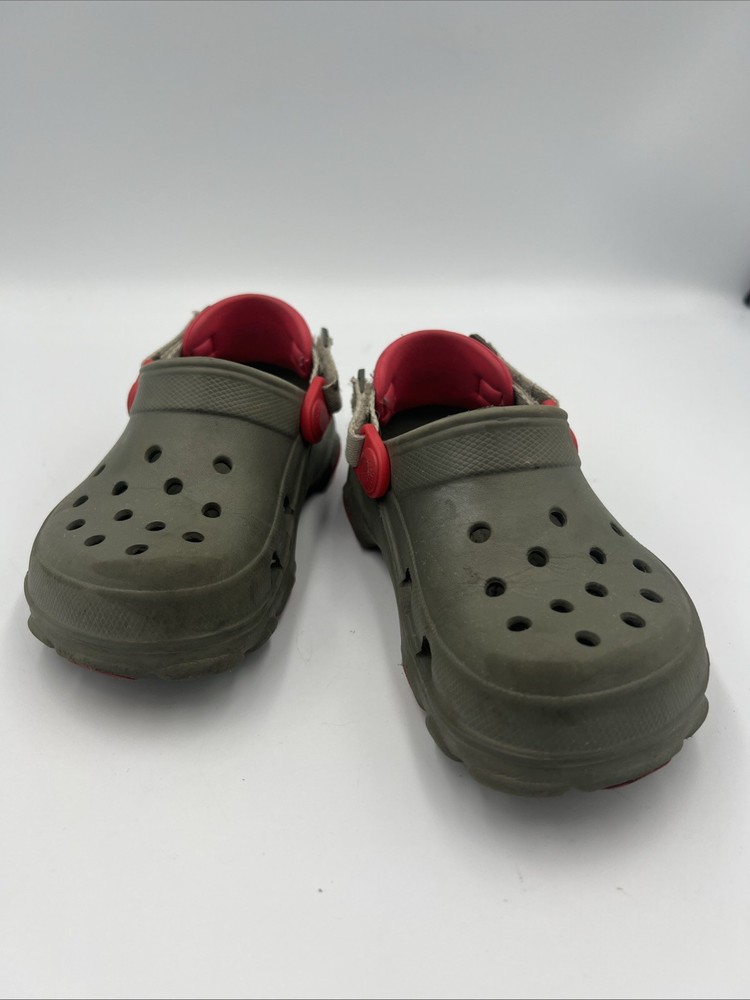 Crocs Kids Clogs Shoes Size C 10 Navy Greenish-Gray W/ Red Adjustable Back Strap