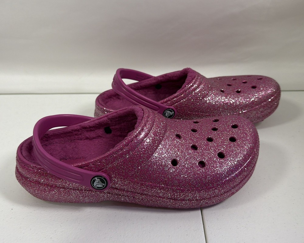 Crocs Classic Lined Glitter Kids Clogs Sz 6 Fuchsia Fun Slingback Sandals