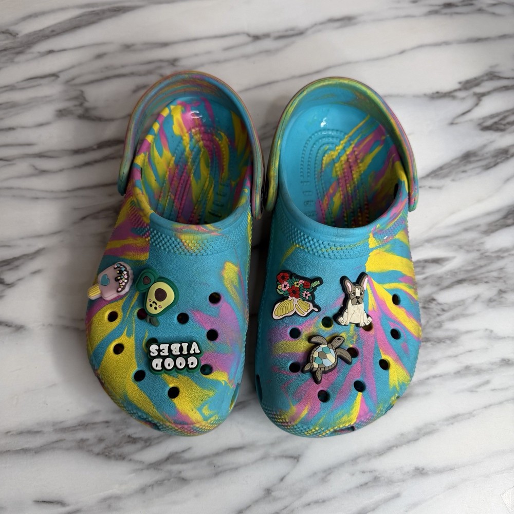 Crocs Classic Marbled Tie Dye Clogs Blue Pink Yellow Toddler SzJ 2 Girls Slip On