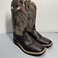 Old West Faux Leather Cowboy Boots Two Tone Brown w/ Turquoise Stitching Sz 2D