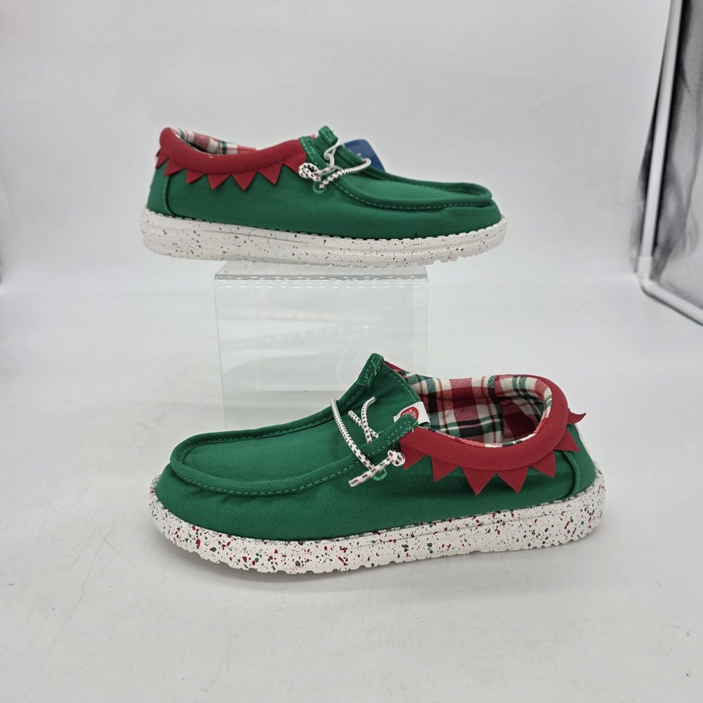 Hey Dude Wally Holiday Elf Shoe Men/Jr 4 Green Red Plaid Lined Slip On Xmas