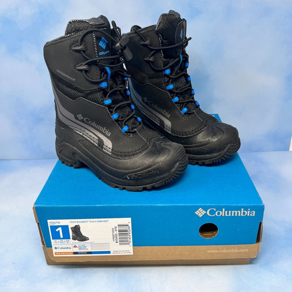 COLUMBIA Youth BOOTS BUGABOOT PLUS IV OMNI HEAT SIZE 1 BY5955-010 BLACK BLUE