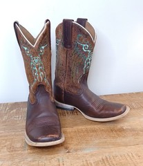 Ariat Brown & Teal Leather Square Toe Cowboy/Cowgirl Boots Youth Sz 3 10019918