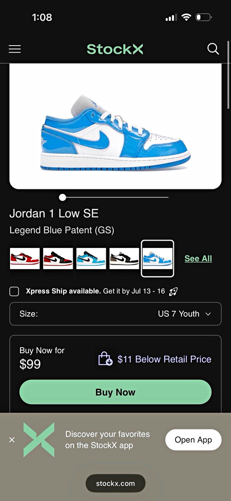 Jordan 1 Low SE Legend Blue Patent Leather Low Top Sneaker Kids US 9.5