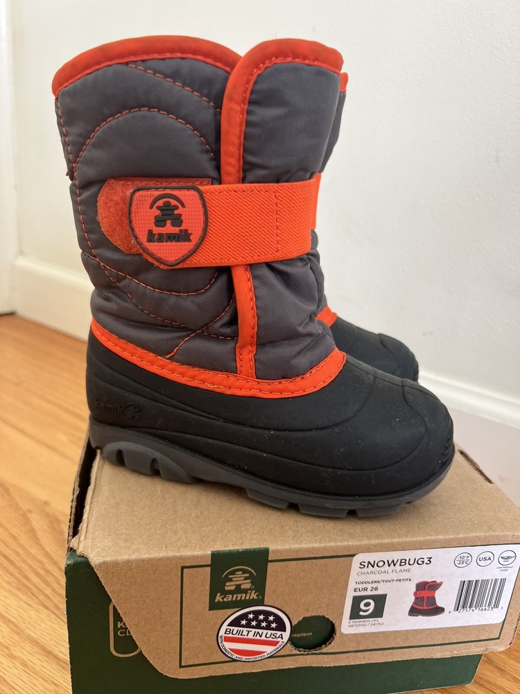 Kamik Waterproof Insulated Winter Lined Snow Boots Black Orange Sz 9 Snowbug