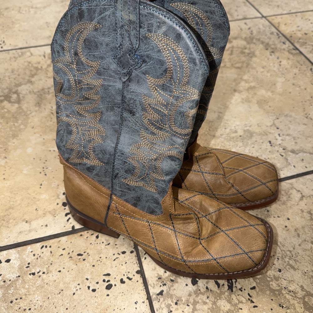 ROPER BIG Kids crosscut checked squared toe boot size 6 Brown And Navy Western