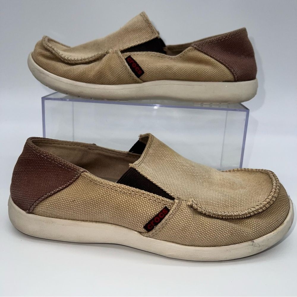 CROCS Santa Cruz Kid’s Brown & Tan Color Block Slip on Canvas Loafers Kid’s Sz 5
