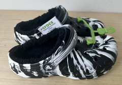 Crocs Baya Lined Marbled Clog Kids Size J3 Black White- NWT