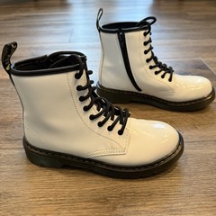 Dr. Martens, Junior 1460 White Patent Leather Lace-up Boots With Side Zip, Sz 4