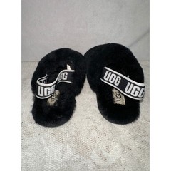 Kids UGG Black Fluffy Furry Slides Slippers Shoes Size 7 Toddler