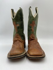 Old West Green / Brown Leather Western Cowboy Boots Youth Size 015 W/ Cross