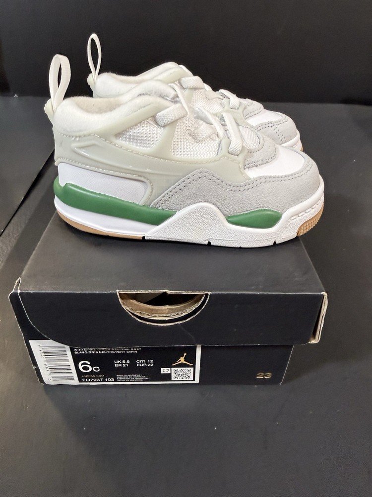 Air Jordan 4 RM White Gray Green Low Top Kids 6C FQ7937-103 New