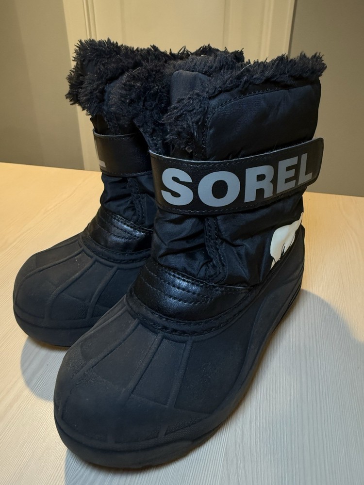 Sorel Snow Commander Black Snow Boots Hook & Loop Lined Youth 12 EU 29