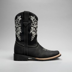 Kids Embroidered Square Toe Cowboy Boots Black Leather 6″ Shaft 1″ Heel