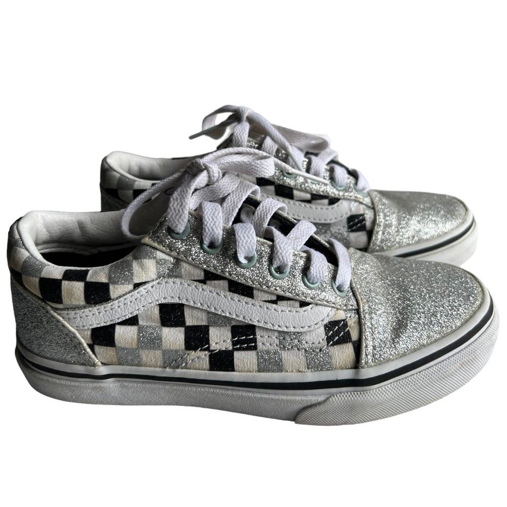 Vans Kids Old School Low Silver Black & White Checkerboard Skate Shoes Size 2