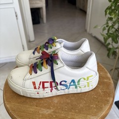 Versace White Greca Rainbow Leather Low-Top Bohemian Kids Size 31-US Size 13