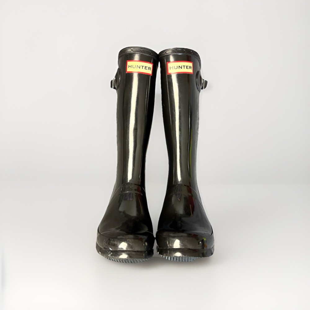 Hunter Original Kids Gloss Rain Boots Black Waterproof Tall Wellington US 2B/3G