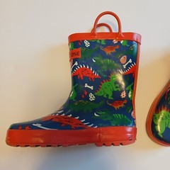 Lone Cone rubber boots size 1 kids dinosaurs red blue green pull on handles