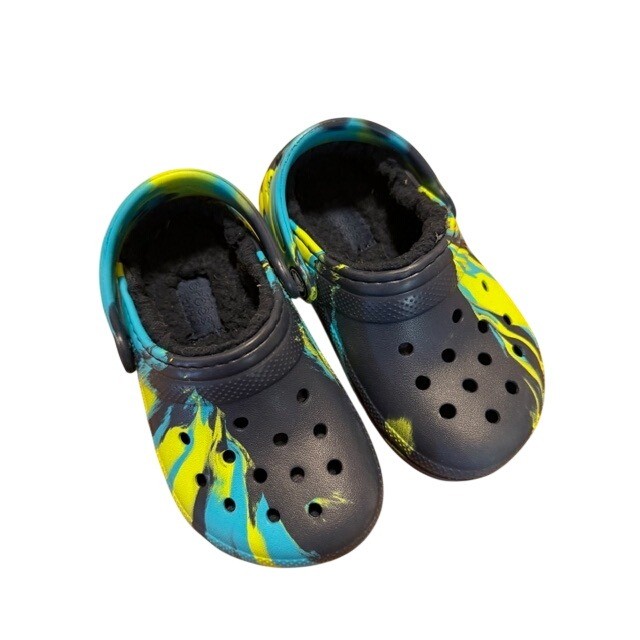 Crocs Kids Classic Lined Marbled Clog Blue Yellow Black Fleece Size C8