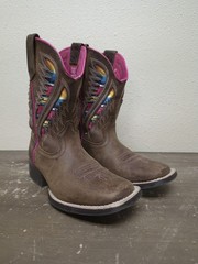 Ariat Quickdraw VentTek Brown Leather Square Toe Cowboy Boots Girls Boys Sz 12