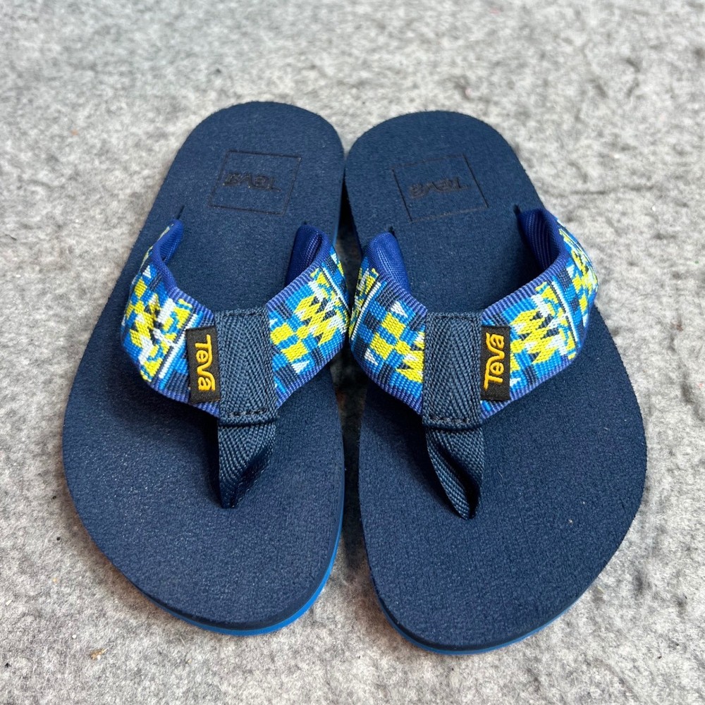 Teva Kids Flip Flops Blue Yellow Geometric Pattern Sandals Thong Shoes Boys 11
