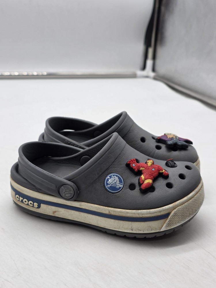 Crocs Shoes Kids Size C8/C9 Gray Crocband Clog Marvel Jibbitz Iron Man Thor