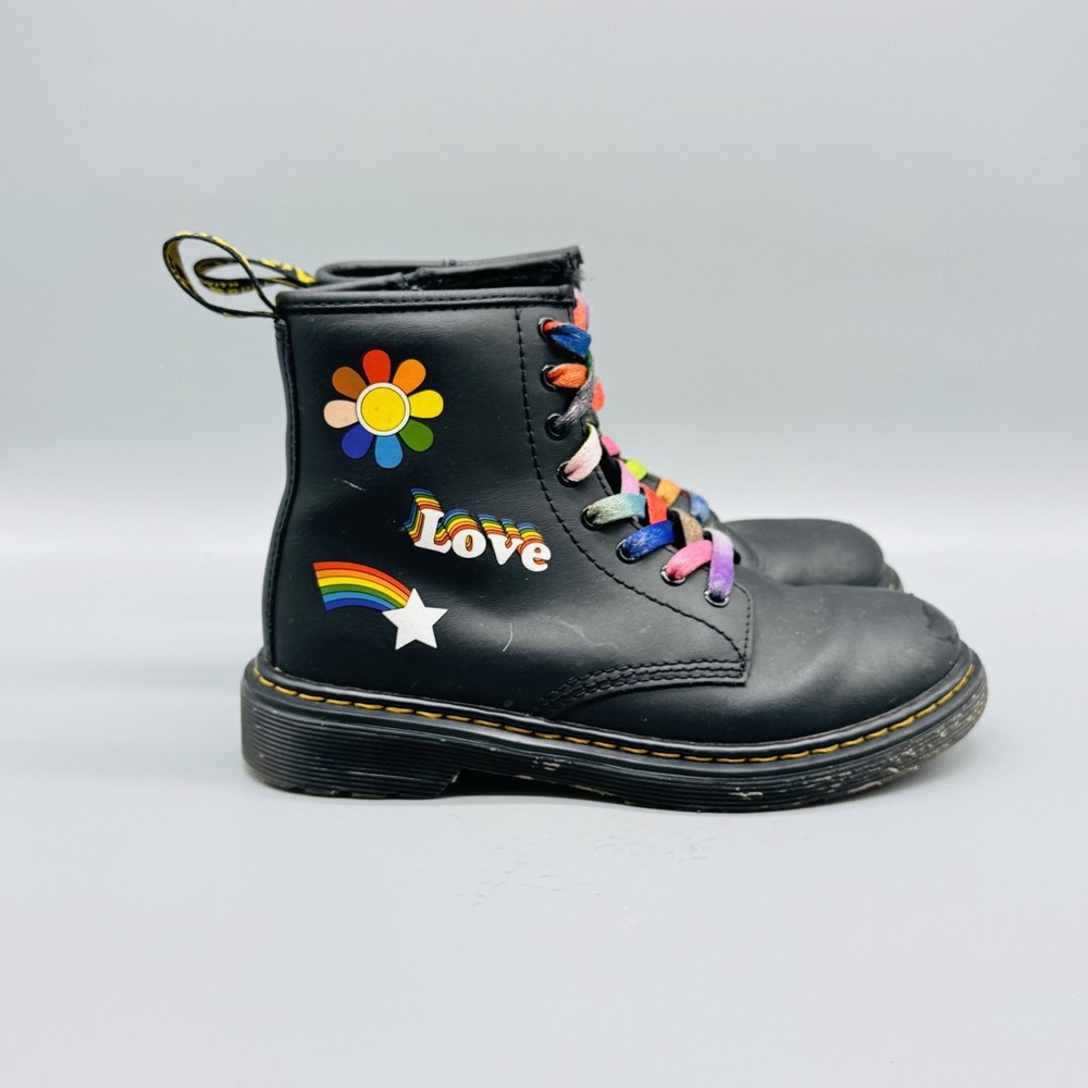 Dr. Martens Boots Youth 2 Black Rainbow Love Pride Stickers Lace Up 1460