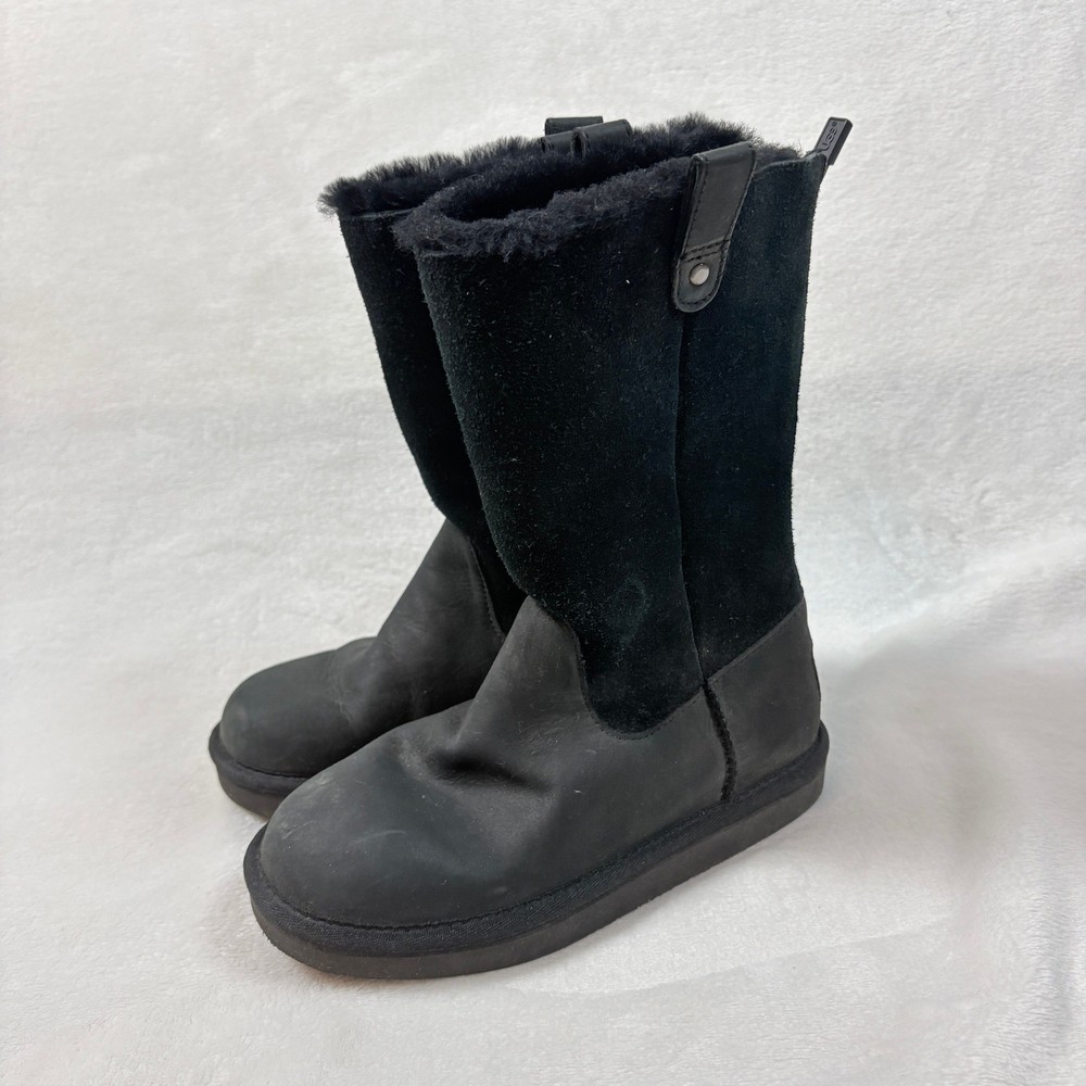UGG Boots Kids Size 2 Black Good Leather Suede Back Zip Faux Fur 1013287K
