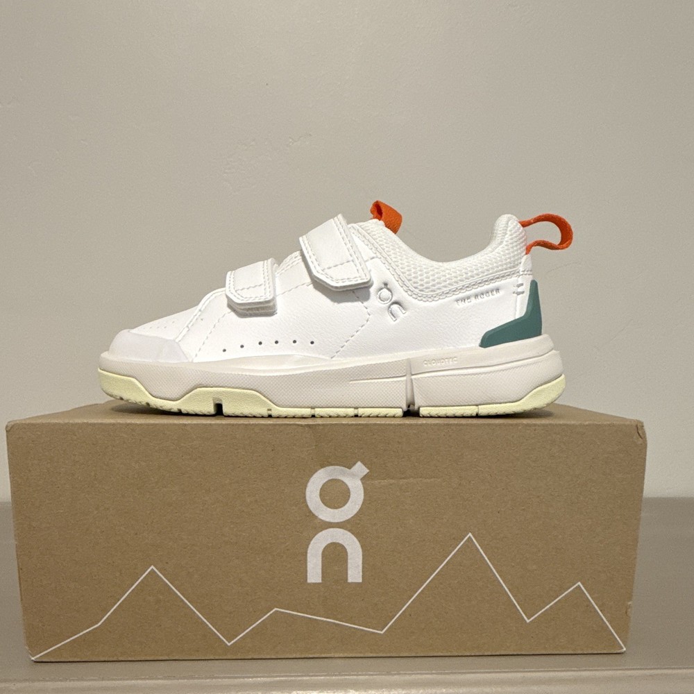 On THE ROGER Kids Hook & Loop Sneakers White/Green US 11 EU 28.5