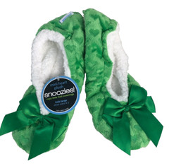 NWT! Snoozies! Green Mini Hearts Bows Cozy Fuzzy Grip Slippers Sz Kids L 4-5