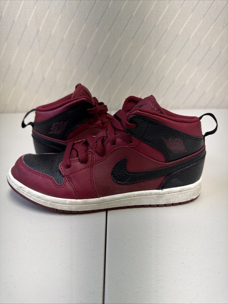 Air Jordan 1 Mid Red Maroon Black Shoes 640734-601 Youth Kid Size 3Y 2017