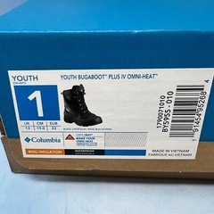 COLUMBIA Youth BOOTS BUGABOOT PLUS IV OMNI HEAT SIZE 1 BY5955-010 BLACK BLUE