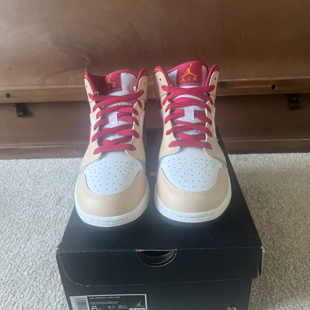 Air Jordan 1 Mid White Onyx Light Curry Beige Red Size 6y. Slight box damage
