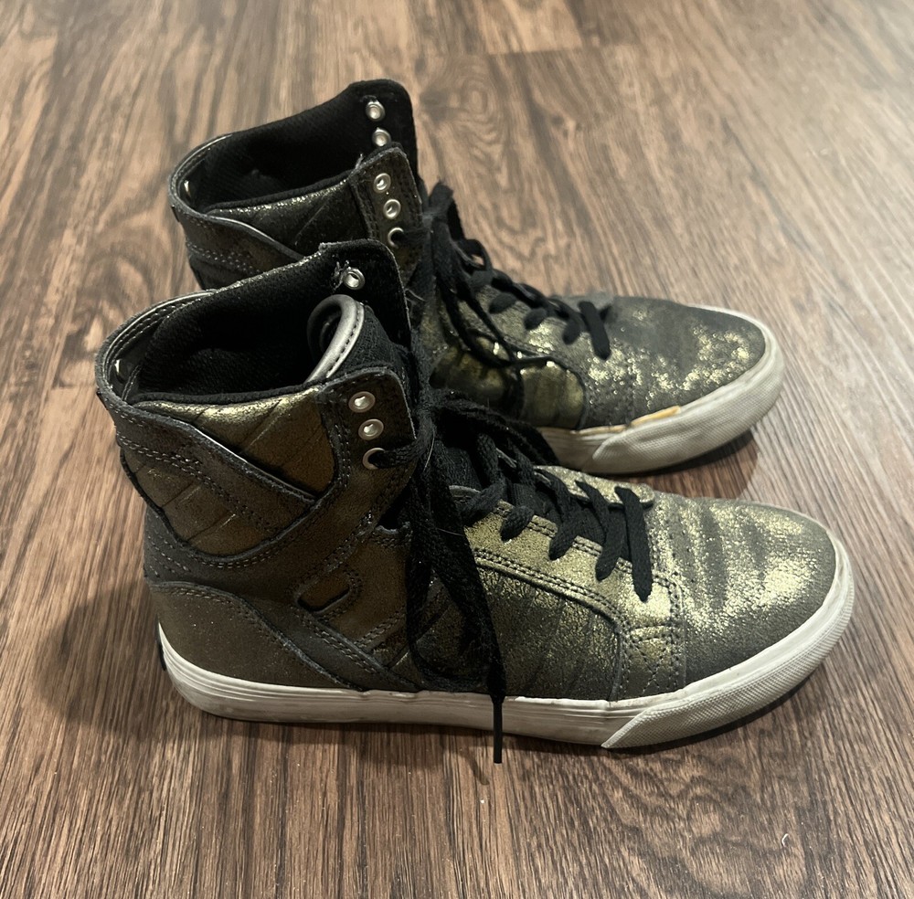 Supra Muska Skytop High Top Lace up Metallic Pewter Skate Kids Shoes Size 4.5