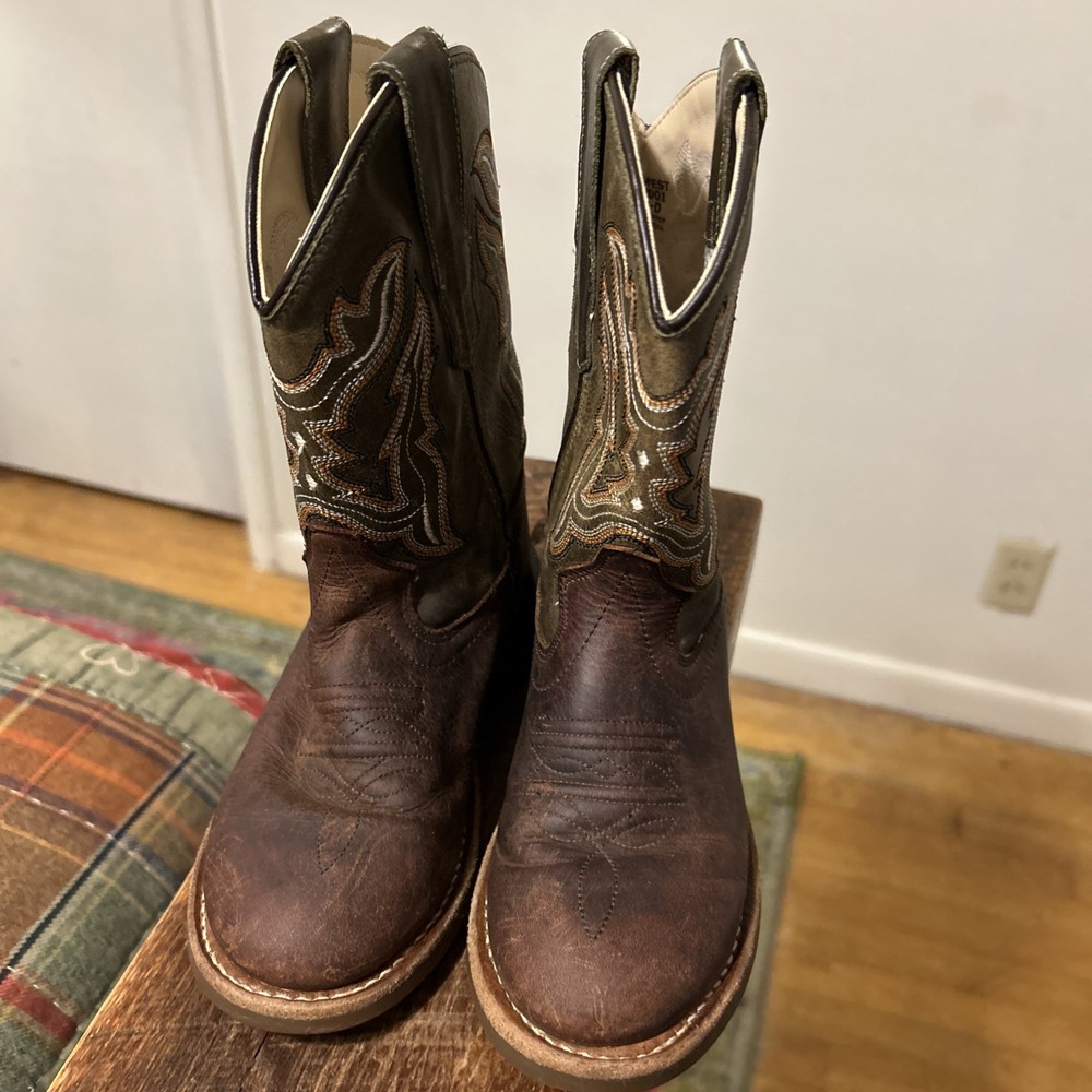 Old West Round Toe Kids Boots Brown/green Size 12.5-D