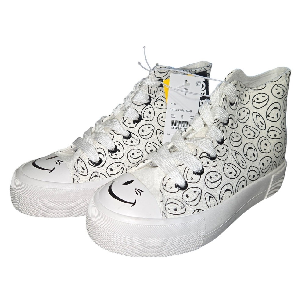 Joe Boxer Kids Smiley Face High Top Sneakers White Black CGF8522AJB Size 3 NEW