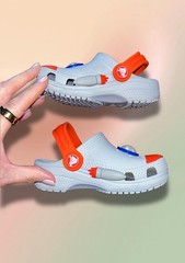 Crocs Rocket Ship Gray Orange Kids C7 Toddler Space Clogs EUC Unisex