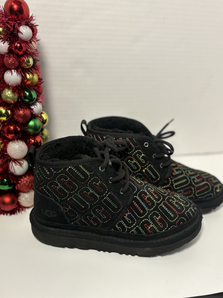 UGG Boots Youth Size 4Y Black Neumel Logo Embroidered Rainbow Stitch