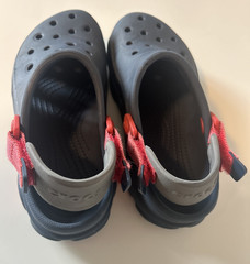 Crocs Size J3 Navy with Red & Gray Accents. Adjustable Straps. Good Condition.