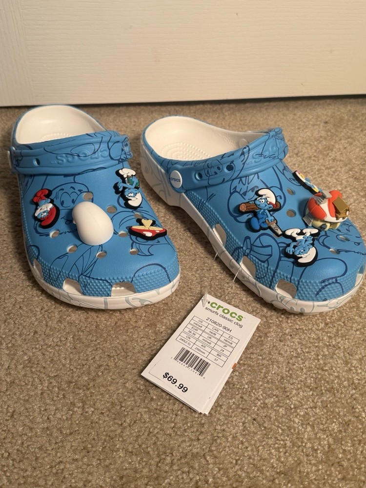 Crocs Smurfs Classic Clog Blue/White Adult Slip-On Cartoon Size M6/W8
