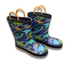 Dinosaur Lighted Rain Boots Kids Size 1 With Easy Pull Handles & Non-Slip Soles