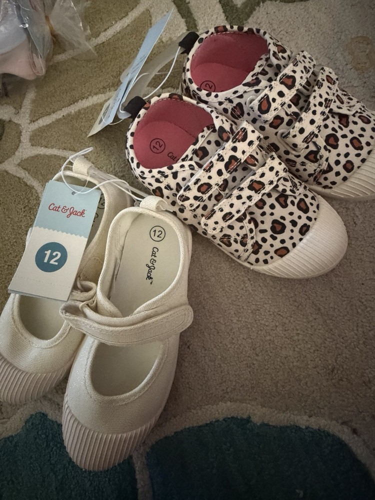 2 Pairs Cat & Jack Girls Low Top Sneaker Hook & Loop Leopard/White US 12 Bundle